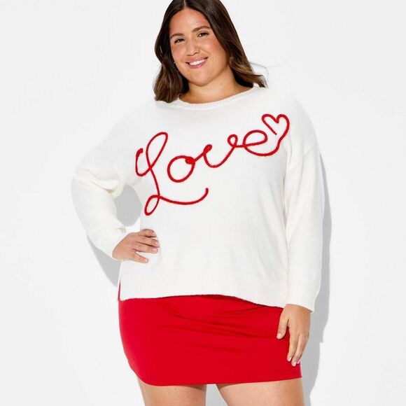 33 Degrees Sweaters - Women's Love Graphic Pullover Sweater - White 1X